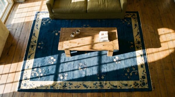 Antique peking chinese floral blue 1930s blue rug 2 Antique peking chinese floral blue 1930s blue rug (sku 23888) - styled overhead view