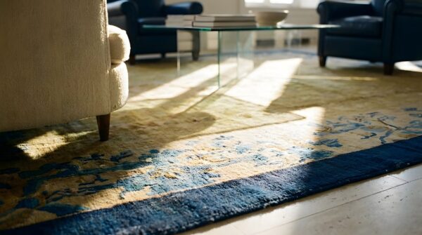 Antique peking chinese floral blue, ivory beige cream white 1920s rug 8 Antique peking chinese floral blue, ivory beige cream white 1920s rug (sku 24649) - in-room detail