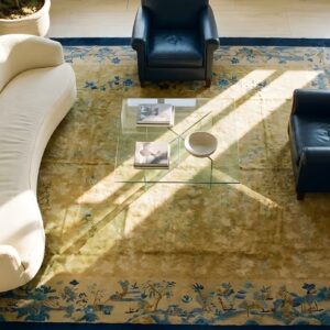 Antique Peking Chinese Floral Blue, Ivory Beige Cream White 1920s Rug (SKU 24649) - styled overhead view