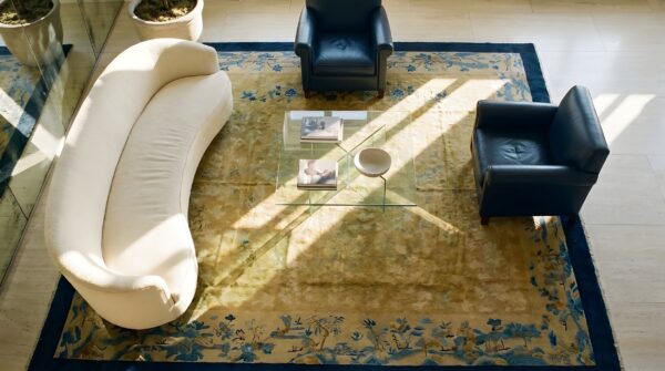 Antique peking chinese floral blue, ivory beige cream white 1920s rug 2 Antique peking chinese floral blue, ivory beige cream white 1920s rug (sku 24649) - styled overhead view