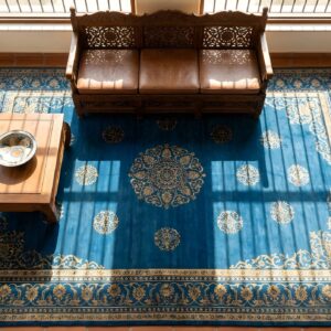 Antique Peking Chinese Floral Blue Navy 1900s Rug (SKU 24608) - styled overhead view