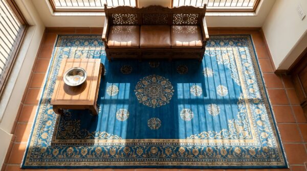 Antique peking chinese floral blue navy 1900s rug (sku 24608) - styled overhead view