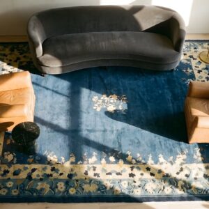 Antique Peking Chinese Floral Blue Navy 1920s Rug (SKU 24402) - styled overhead view