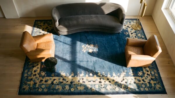 Antique peking chinese floral blue navy 1920s rug 2 Antique peking chinese floral blue navy 1920s rug (sku 24402) - styled overhead view