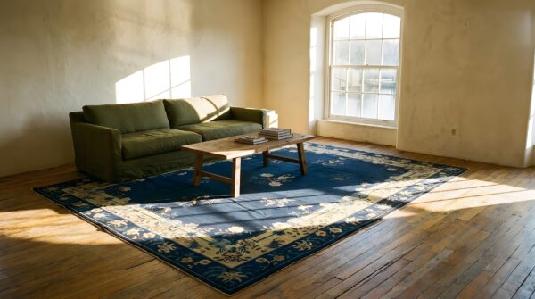 Antique peking chinese floral blue navy, camel 1920s rug (sku 24716) - room view