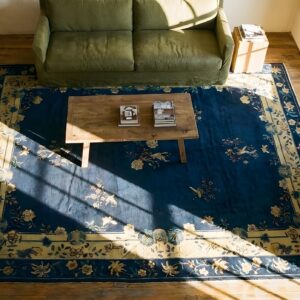 Antique Peking Chinese Floral Blue Navy, Camel 1920s Rug (SKU 24716) - styled overhead view
