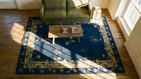 Antique peking chinese floral blue navy, camel 1920s rug (sku 24716) - styled overhead view