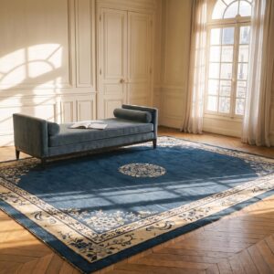 Antique Peking Chinese Floral Blue Navy, Ivory Beige Cream White 1920s Rug (SKU 24674) - room view