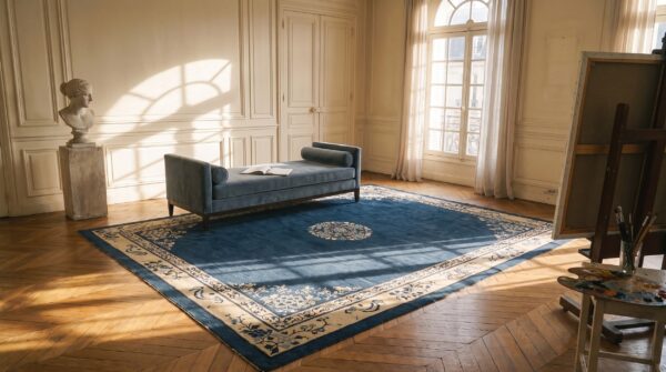 Antique peking chinese floral blue navy, ivory beige cream white 1920s rug 8 Antique peking chinese floral blue navy, ivory beige cream white 1920s rug (sku 24674) - room view