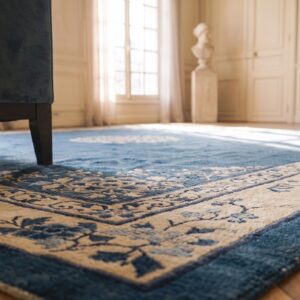 Antique Peking Chinese Floral Blue Navy, Ivory Beige Cream White 1920s Rug (SKU 24674) - in-room detail