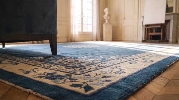 Antique peking chinese floral blue navy, ivory beige cream white 1920s rug 9 Antique peking chinese floral blue navy, ivory beige cream white 1920s rug (sku 24674) - in-room detail