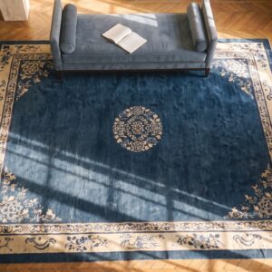Antique Peking Chinese Floral Blue Navy, Ivory Beige Cream White 1920s Rug (SKU 24674) - styled overhead view
