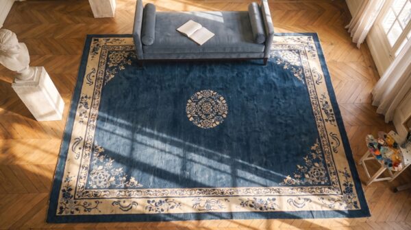 Antique peking chinese floral blue navy, ivory beige cream white 1920s rug 2 Antique peking chinese floral blue navy, ivory beige cream white 1920s rug (sku 24674) - styled overhead view