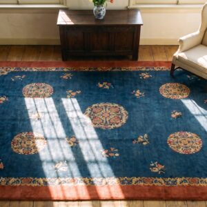 Antique Peking Chinese Floral Blue, Red 1930s Rug (SKU 24680) - styled overhead view