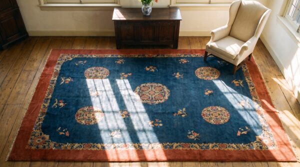 Antique peking chinese floral blue, red 1930s rug 2 Antique peking chinese floral blue, red 1930s rug (sku 24680) - styled overhead view
