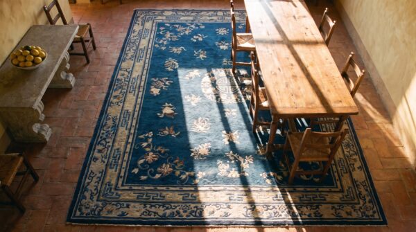 Antique peking chinese floral, geometric knotted rug (sku 23648) - styled overhead view
