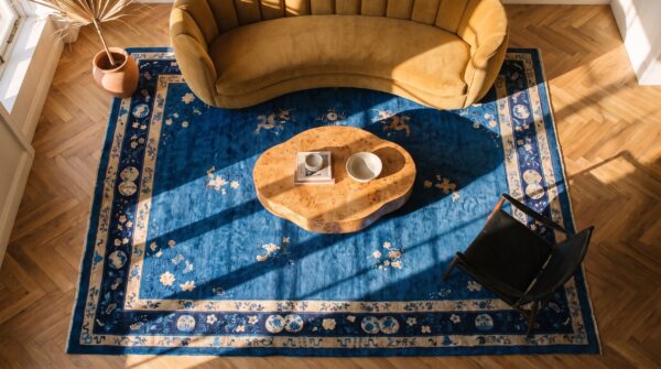 Antique peking chinese floral hooked rug 2 Antique peking chinese floral hooked rug (sku 24705) - styled overhead view