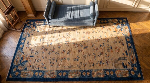 Antique peking chinese floral ivory 1920s rug 2 Antique peking chinese floral ivory 1920s rug (sku 24301) - styled overhead view