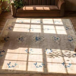 Antique Peking Chinese Floral Ivory 1930s Hallway Runner Rug (SKU 22901) - styled overhead view