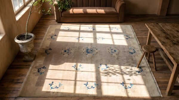 Antique peking chinese floral ivory 1930s hallway runner rug 2 Antique peking chinese floral ivory 1930s hallway runner rug (sku 22901) - styled overhead view