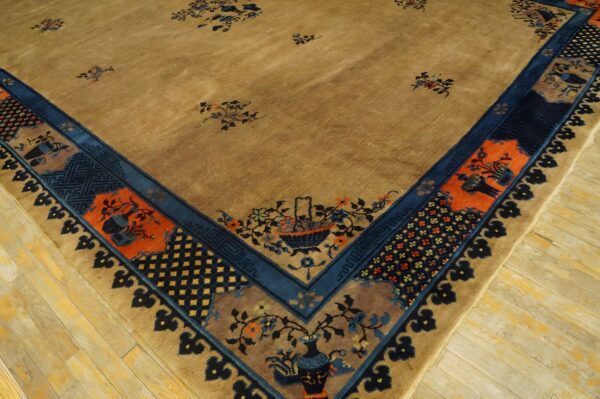 Antique peking chinese floral ivory beige cream white 1920s rug 2 Antique peking chinese floral ivory beige cream white 1920s rug (sku 24435) - styled overhead view