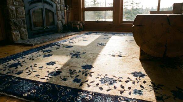 Antique peking chinese floral ivory square 1880s rug 6 Antique peking chinese floral ivory square 1880s rug (sku 23819) - in-room detail