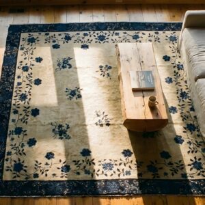 Antique Peking Chinese Floral Ivory Square 1880s Rug (SKU 23819) - styled overhead view