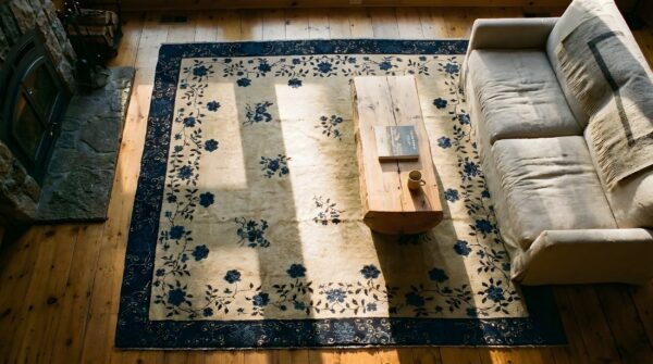 Antique peking chinese floral ivory square 1880s rug 2 Antique peking chinese floral ivory square 1880s rug (sku 23819) - styled overhead view