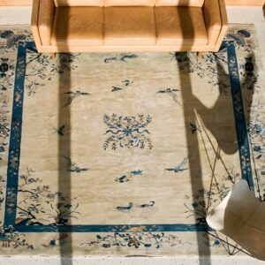 Antique Peking Chinese Floral Medallion Wool Hand Knotted Pile 1920s Rug (SKU 25242) - styled overhead view
