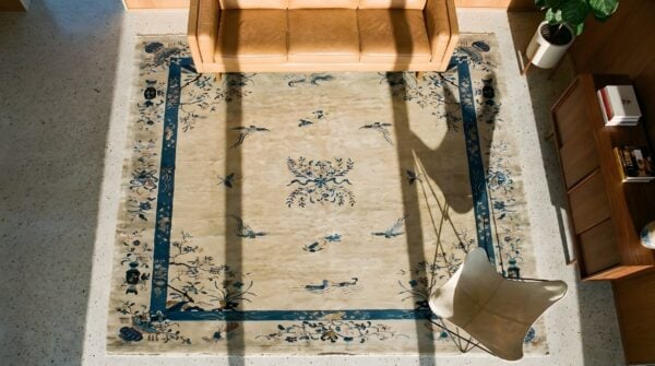 Antique peking chinese floral medallion wool hand knotted pile 1920s rug 2 Antique peking chinese floral medallion wool hand knotted pile 1920s rug (sku 25242) - styled overhead view