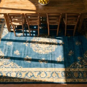 Antique Peking Chinese Floral, Medallion Knotted Rug (SKU 23821) - styled overhead view
