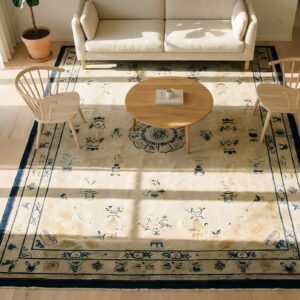 Antique Peking Chinese Floral, Medallion Beige 1880s Rug (SKU 24358) - styled overhead view
