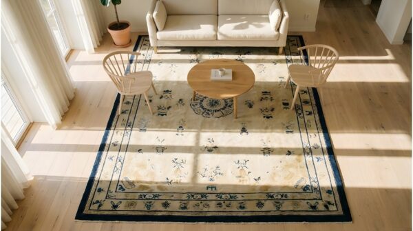 Antique peking chinese floral, medallion beige 1880s rug 2 Antique peking chinese floral, medallion beige 1880s rug (sku 24358) - styled overhead view