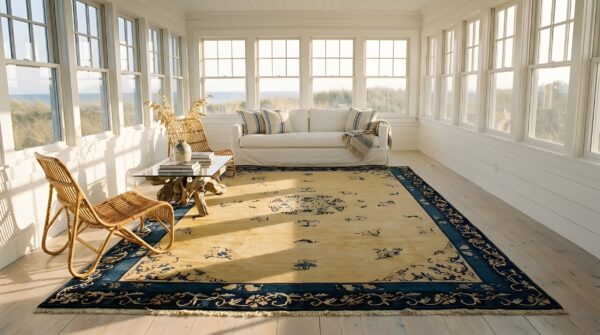 Antique peking chinese floral, medallion beige 1890s rug 10 Antique peking chinese floral, medallion beige 1890s rug (sku 24069) - in-room detail