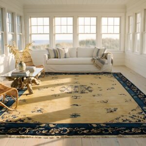 Antique Peking Chinese Floral, Medallion Beige 1890s Rug (SKU 24069) - styled overhead view