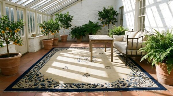Antique peking chinese floral, medallion beige 1900s rug 11 Antique peking chinese floral, medallion beige 1900s rug (sku 24008) - in-room detail