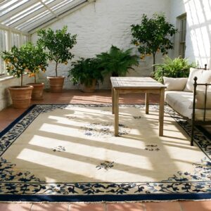 Antique Peking Chinese Floral, Medallion Beige 1900s Rug (SKU 24008) - styled overhead view
