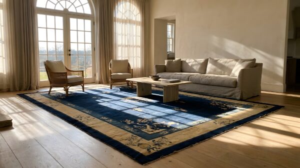 Antique peking chinese floral, medallion beige, blue navy 1900s rug 9 Antique peking chinese floral, medallion beige, blue navy 1900s rug (sku 24635) - room view