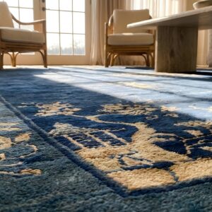 Antique Peking Chinese Floral, Medallion Beige, Blue Navy 1900s Rug (SKU 24635) - in-room detail