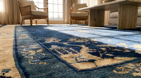 Antique peking chinese floral, medallion beige, blue navy 1900s rug 10 Antique peking chinese floral, medallion beige, blue navy 1900s rug (sku 24635) - in-room detail