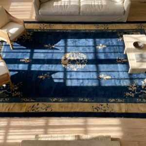 Antique Peking Chinese Floral, Medallion Beige, Blue Navy 1900s Rug (SKU 24635) - styled overhead view