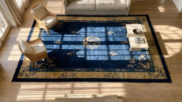 Antique peking chinese floral, medallion beige, blue navy 1900s rug 2 Antique peking chinese floral, medallion beige, blue navy 1900s rug (sku 24635) - styled overhead view