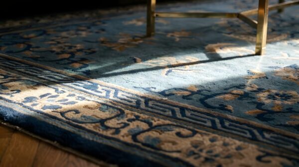 Antique peking chinese floral, medallion blue 1890s rug 11 Antique peking chinese floral, medallion blue 1890s rug (sku 24634) - in-room detail