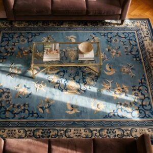 Antique Peking Chinese Floral, Medallion Blue 1890s Rug (SKU 24634) - styled overhead view