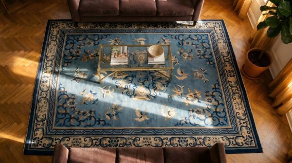 Antique peking chinese floral, medallion blue 1890s rug 2 Antique peking chinese floral, medallion blue 1890s rug (sku 24634) - styled overhead view