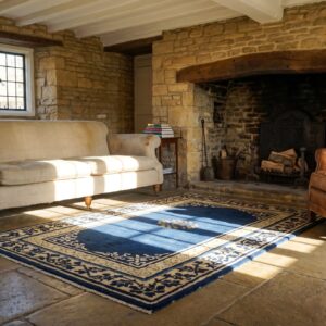 Antique Peking Chinese Floral Medallion Hand Knotted Blue Area Rug (SKU 24822) - room view