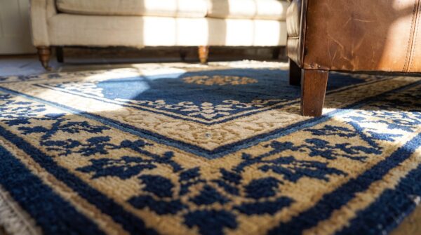 Antique peking chinese floral medallion hand knotted blue area rug 9 Antique peking chinese floral medallion hand knotted blue area rug (sku 24822) - in-room detail