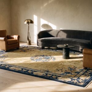 Antique Peking Chinese Floral, Medallion Blue, Ivory Beige Cream White 1920s Rug (SKU 24645) - room view