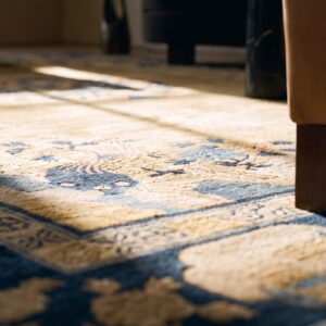 Antique Peking Chinese Floral, Medallion Blue, Ivory Beige Cream White 1920s Rug (SKU 24645) - in-room detail