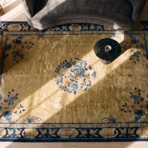 Antique Peking Chinese Floral, Medallion Blue, Ivory Beige Cream White 1920s Rug (SKU 24645) - styled overhead view